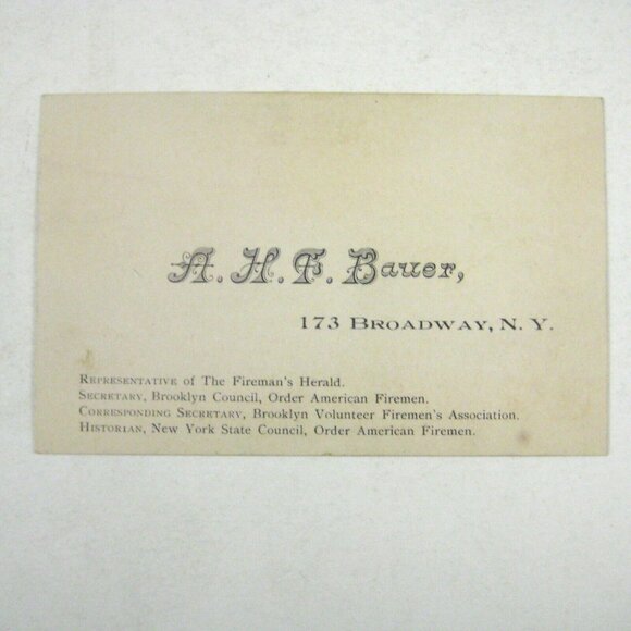 Fireman Bauer Brooklyn NY Business Card Broadway Historian Herald Circa 1900 - Picture 1 of 3